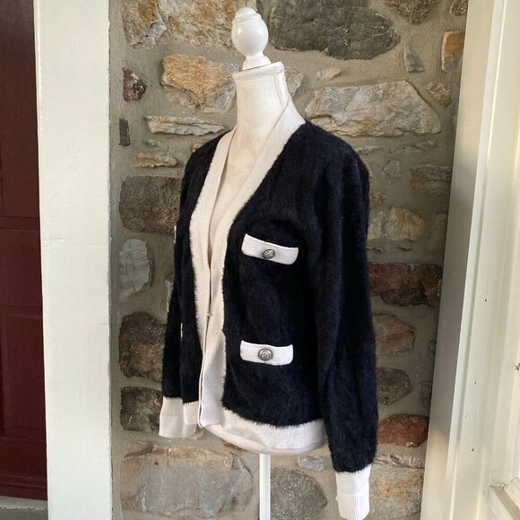 L'AGENCE Kai Wool Fuzzy Pocket Cardigan Color Block Black & White $495 Large - Picture 7 of 12